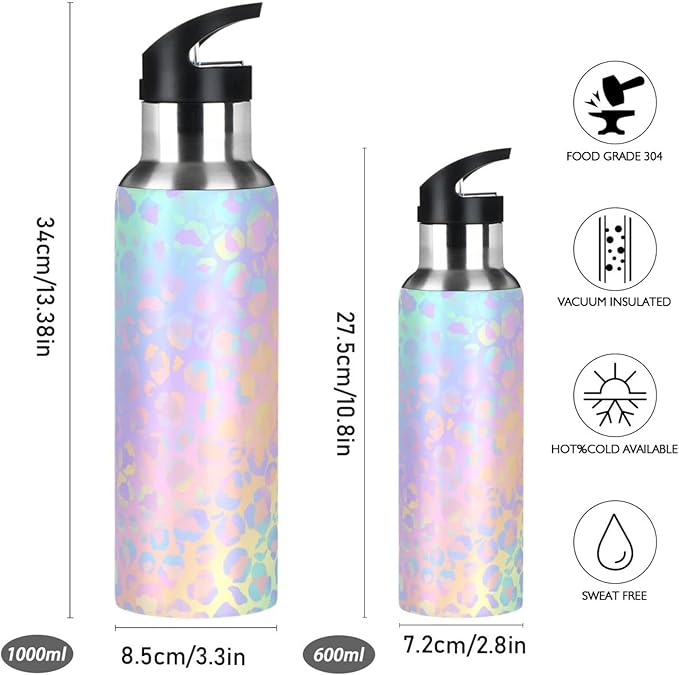 senya 34 Oz Water Bottle with Straw Rainbow Leopard Print Neon Stainless Steel Water Bottle for Traveling Sports Leakproof Insulated Water Bottle
