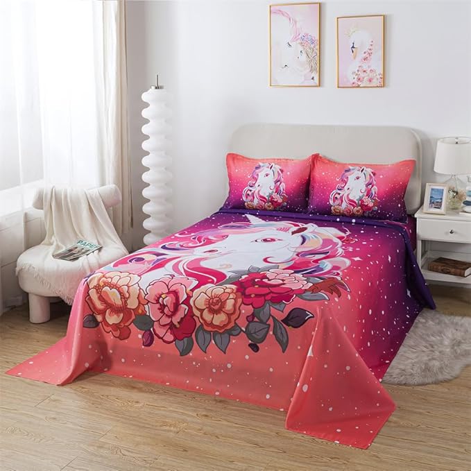 qjmiaofang Unicorn Sheets Queen Pink Unicorn Bedding Set 4Pieces Unicorn Bed Sheet Set with Rainbow and Flowers Bed Set Princess Unicorn Flat Sheet Set with 1 Flat Sheet 1 Fitted Sheet 2 Pillow Shams
