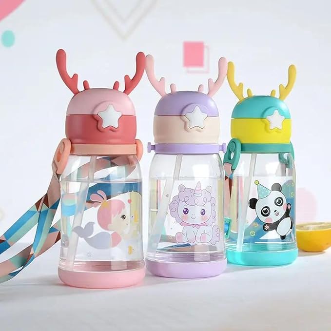 Antlers BPA Free Reusable leak proof Transparent Water Bottle With Strap for Kids School (Multicolor-600ml), Medium (2-4 cups)