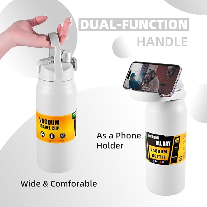 ColorSub 50oz Insulated Water Bottle With 2-in-1 Straw and Chug Leakproof Lid, BPA Free Stainless Steel Wide Mouth Sports Water Cup Flask White