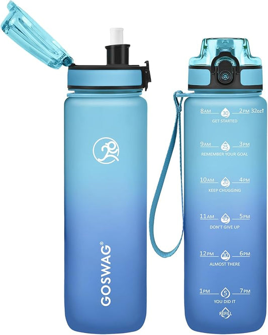 GOSWAG Water Bottles, 32 oz Motivational Sports Water Bottle with Straw and Time Marker to Remind You to Drink, Comes with Carry Strap, Leakproof