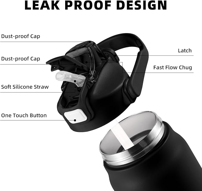 ColorSub 50oz Insulated Water Bottle With 2-in-1 Straw and Chug Leakproof Lid, BPA Free Stainless Steel Wide Mouth Sports Water Cup Flask Black