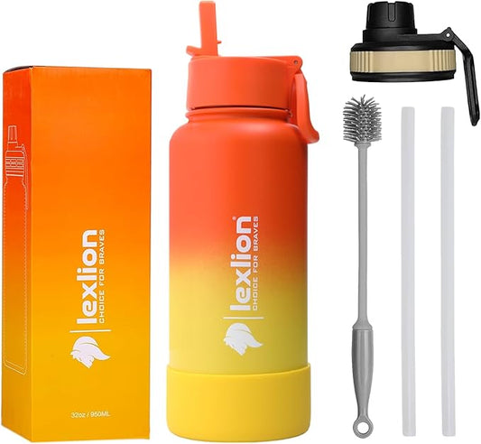 Water Bottle 32oz, Triple Walled Insulated Stainless Steel Reusable Bottle, Silicone Sleeve, Cleaning Brush, 2 Lids (Spout lid & Straw lid w/2 straw), Metal Mug Gallon, BPA Free, Sunset