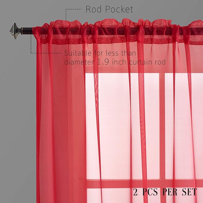 Red Sheer Curtains 95 Inches Long Translucent Solid Color Red Sheer Curtains 95 Inch Length Volie Rod Pocket Red Sheer Curtains for Bedroom Living Room Party 52x95
