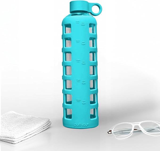 purifyou Premium 40/32 / 22/12 oz Reusable Glass Water Bottles with Time and Volume Markings, Non-Slip Silicone Sleeve & Stainless Steel Lid Insert, for Water, Milk, Fruit Juice (32oz Aqua Blue)