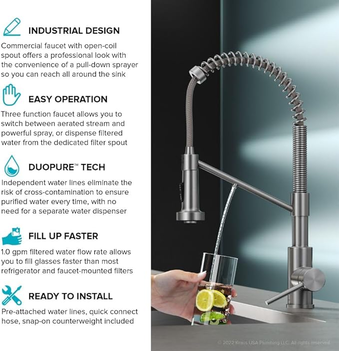 KRAUS Bolden 2-in-1 Commercial Style Pull-Down Single Handle Water Filter Kitchen Faucet for Reverse Osmosis or Water Filtration System in Spot-Free Stainless Steel/Matte Black, KFF-1610SFSMB