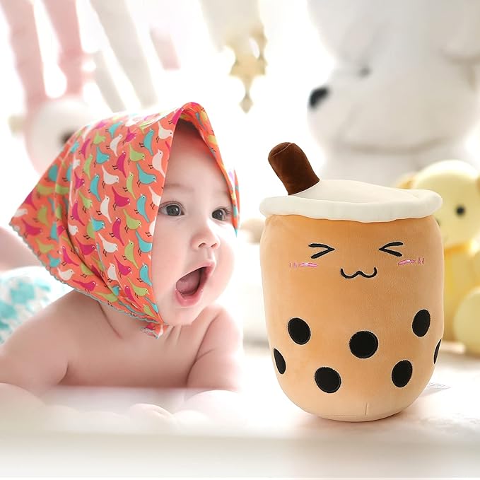 Niuniu Daddy 9.4in Stuffed Boba Plushies Squishy Bubble Tea Plush Toy Pillow Cute Milk Tea Plushie Adorable Cuddle Pillow Food Toy for Baby/Kids/Toddler Great Gift for Birthday/Christmas