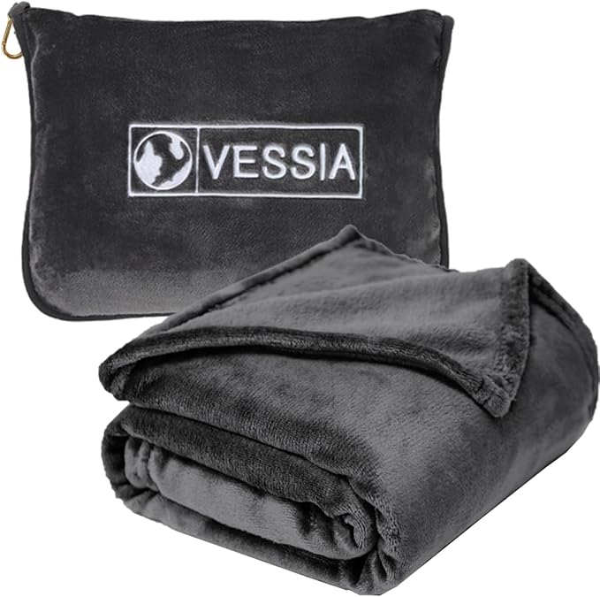 Vessia Travel Blanket for Airplane, Train and Car, Warm and Soft Travel Blanket and Pillow 2 in 1 for Adults and Kids, Portable Compact Long Flight Blanket with Luggage Sleeve, Backpack Clip(Grey)