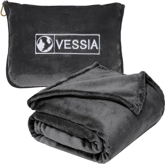 Vessia Travel Blanket for Airplane, Train and Car, Warm and Soft Travel Blanket and Pillow 2 in 1 for Adults and Kids, Portable Compact Long Flight Blanket with Luggage Sleeve, Backpack Clip(Grey)