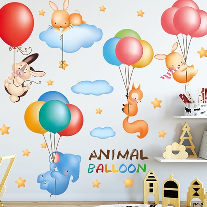 Animals with Balloons Nursery Decor Cute Jungle Animals Safari Balloons Wall Decals Bunny Elephant Fox Peel and Stick Baby Nursery Kids Bedroom Classroom Wall Decor