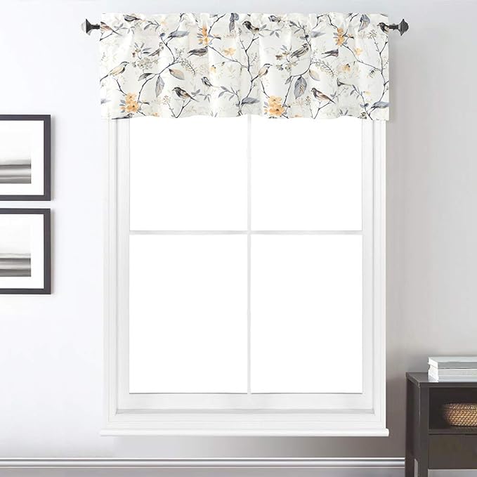 Leeva Birds Vines Printed Semi-Blackout Curtains Valances for Kitchen Bath Laundry Bedroom Living Room, Rod Pocket Valance for Windows, 52 x 18 Inch, Grey Birds, One Panel