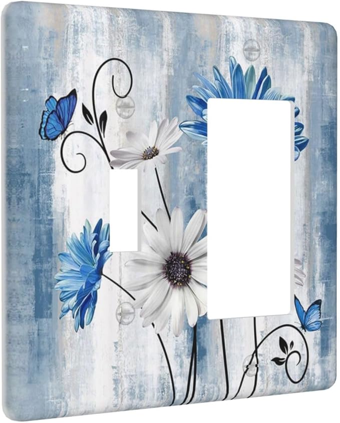 Rustic Teal Blue Daisy Floral 2 Gang Single Toggle Rocker Combination Light Switch Covers Wall Plate Cover Electrical Faceplate Decorative Switchplate for Country Bathroom Bedroom Kitchen Decor