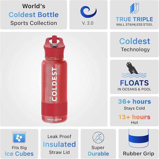 Coldest Sports Water Bottle with Straw Lid Vacuum Insulated Stainless Steel Metal Thermos Bottles Reusable Leak Proof Flask for Sports Gym (32 oz, Mars Red Glitter)