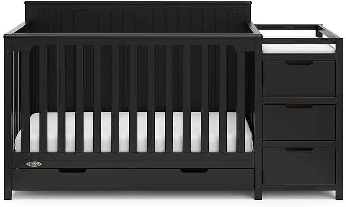 Graco Hadley 5-in-1 Convertible Crib and Changer with Drawer (Black) – GREENGUARD Gold Certified, Crib and Changing Table Combo with Drawer, includes Baby Changing Pad, Converts to Full-Size Bed