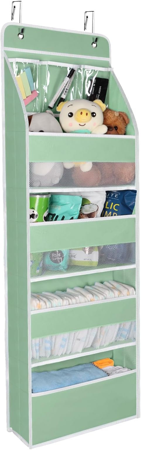 Univivi Over Door Organizer Baby Door Storage Wall Mount Storage with 3 Small PVC Pockets and 4 Large Pockets Ideal for Baby Stuff, Toiletries and Sundries (Green)