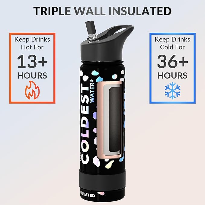 Coldest Sports Water Bottle - (Straw Lid), Leak Proof, Vacuum Insulated Stainless Steel, Hot Cold, Double Walled, Thermo Mug, Metal Canteen (24 oz, Moonlight Leopard)