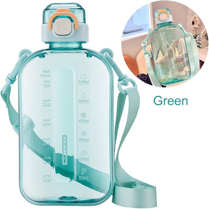 750ML Square Transparent Water Bottle, Cute Sports Water Jug with Adjustable Strap, Portable Motivational Water Bolttles for Travel, Hiking and Outdoor Workouts