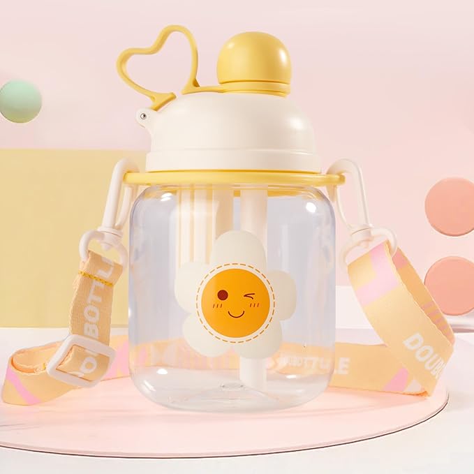 27oz Toddler Water Bottle, Tritan Sports Water Bottle with Straw, Plastic Water Bottle with Soft Strap, Kids Water Bottle for School, Includes Fruit Infuser Strainer, Leak-Proof, BPA Free, Yellow