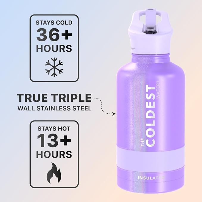 Coldest Sports Water Bottle with Straw Lid Vacuum Insulated Stainless Steel Metal Thermos Bottles Leak Proof Flask for Sports Gym (64 oz, Saturn's Moon Purple Glitter)
