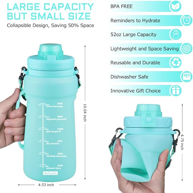 Nefeeko Collapsible Water Bottles, 1.5L Reusable Collapsible Water Bottle for Travel Leakproof, BPA Free Foldable Silicone Water Bottles with Straw for Traveling Sport Gym Camping Hiking
