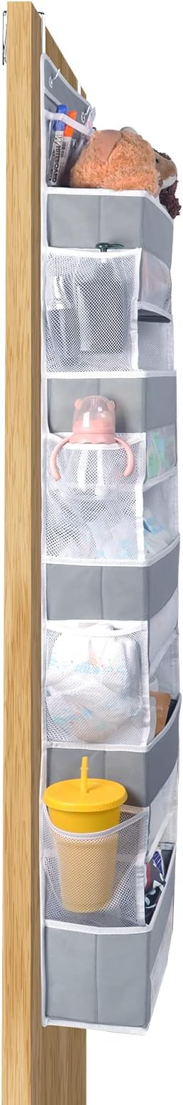 Univivi Over Door Hanging Organizer Storage with 5 Large Pockets and 2 Small PVC Pockets for Cosmetics Wall Hanging Storage Organizer for Pantry Baby Nursery Bathroom Closet Dorm(Grey)