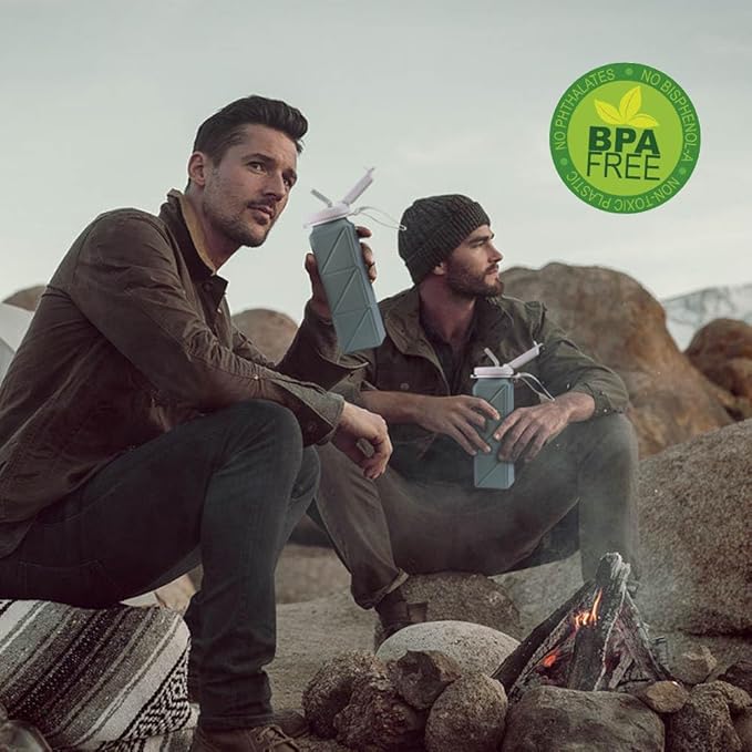 620ml Silicone Foldable Water Bottle with Straw Lid - Lightweight, Reusable, & Leakproof for Travel, Camping, Hiking, & Sports (BLUE)