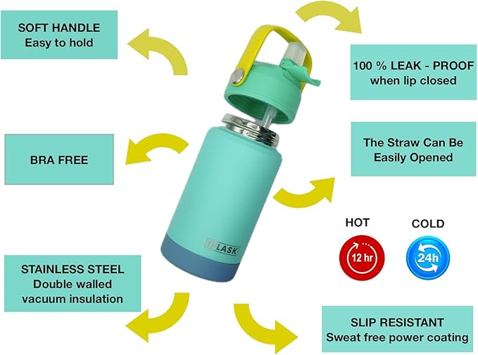 12oz Kids Water Bottle with Straw Lid | 100% Leak Proof | Insulated Stainless Steel Double Walled Thermos | BPA and Sweat free | Hot & Cold (Blue)