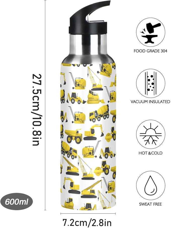 Construction Truck Excavator Bulldozer Stainless Steel Water Bottle with Straw Lid - 20 Oz Sports Insulated Water Bottle Thermos for Sport Gym Outdoor Travel School