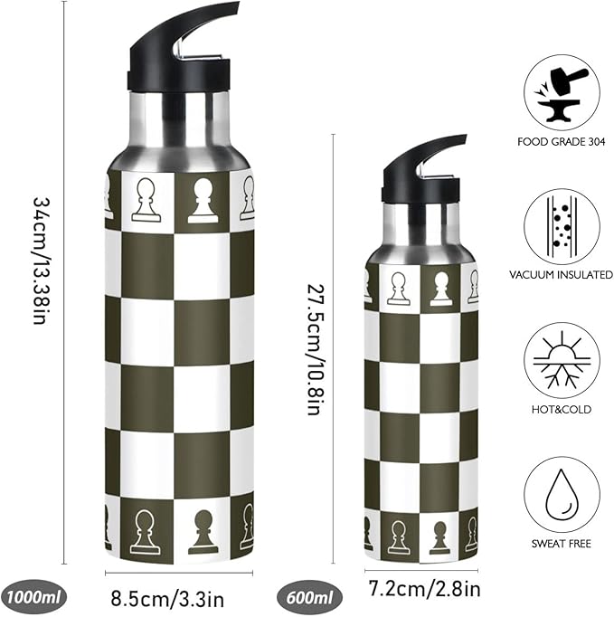 Chess Sports Water Bottle, Double Wall Vacuum Insulated Stainless Steel Water Bottle with Straw Keeps Hot and Cold, Bike Running Sports Travel Gym 20oz
