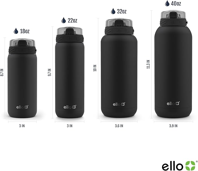 Ello Cooper 32oz Stainless Steel Water Bottle with Straw and Carry Handle, Double Walled and Vacuum Insulated Metal, Leak Proof Locking Lid with Soft Silicone Spout, Reusable, BPA Free, Black