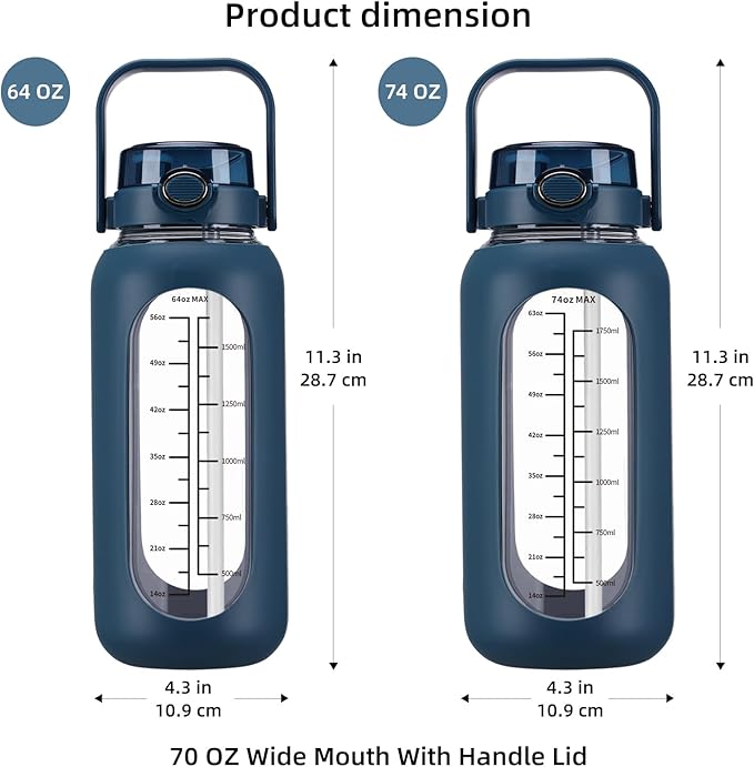 74 oz Glass Water Bolttles with Straw Large Motivational Water Bottle with Time Marker Sports Water Bottles with Silicone Sleeve and Handle Lid 2.2L Water Jug for Gym Workout