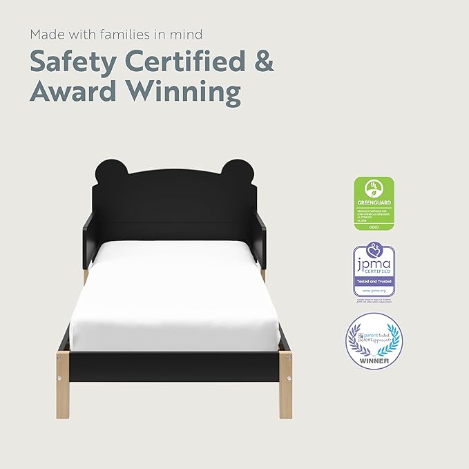 Storkcraft Teddy Bear Toddler Bed (Black with Driftwood) - GREENGUARD Gold Certified, includes Toddler Safety Guardrails, Fits Standard Crib & Toddler Mattress, Stylish 2-Tone Design