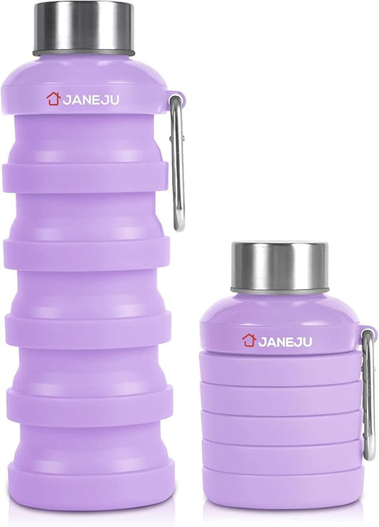 JaneJu Collapsible Water Bottle, 17oz BPA Free Silicone Reusable Portable Lightweight Foldable Water Bottles with Carabiner, Portable Leak Proof Sports Water Bottle (Purple)