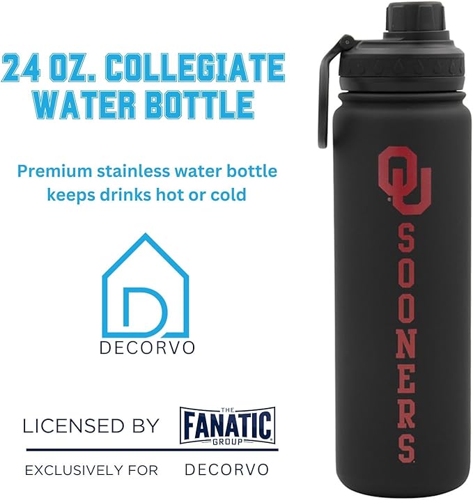 Oklahoma Sooners Water Bottle - Black Double Walled Stainless Steel 24 oz Keeps Drinks Cold or Hot
