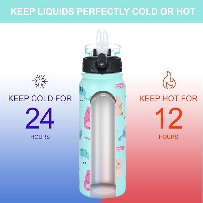 GOPPUS Kids Water Bottle with Straw Lid 20 oz Cat printing Double Walled Metal Insulated Stainless Steel Sports Water Bottles Leak Proof with Strap Handle for Boys Girls School(Green Cat 1 Lid)