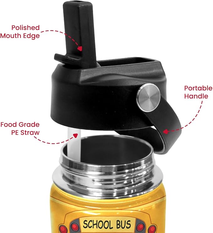 School Bus Water Bottle - Kids Water Bottle with Straw Lid - 12 Oz Insulated Stainless Steel Water Bottles for Toddlers Kid Boys - Travel Cup for School Sports