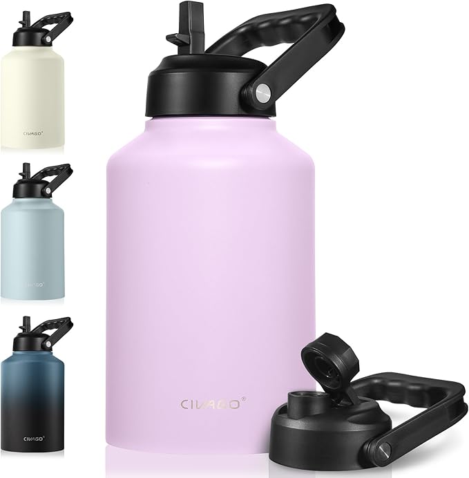 CIVAGO Gallon Insulated Water Bottle Jug with Straw, 128 oz Large Stainless Steel Sports Metal Water Canteen with Handle, Big Thermal Water Cup Mug with 2 Lids for Camping & Fishing, Lavender