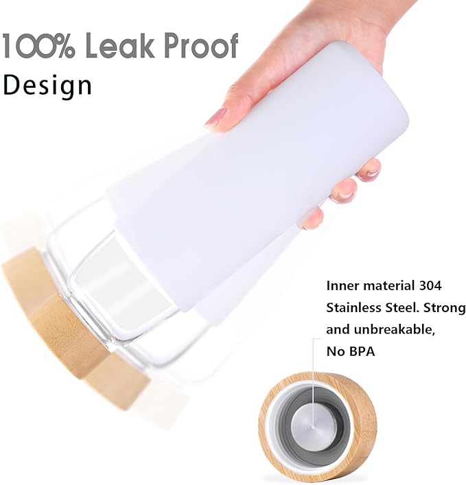Laster Glass Water Bottle 20 Oz, 600 ml, made of Borosilicate Glass, 1 Bamboo & 1 Stainless Steel Lid, BPA Free, Non-Slip Silicone Sleeve (White)
