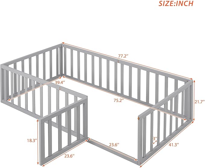 Twin Size Floor Bedframe with Door and Safety Guardrails Fence, Solid Wooden Toddler Montessori Platform Bed for Children Bedroom, Boys Girls, Kids Playroom
