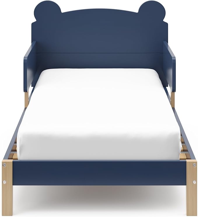 Storkcraft Teddy Bear Toddler Bed (Midnight Blue with Driftwood) - GREENGUARD Gold Certified, includes Toddler Safety Guardrails, Fits Standard Crib & Toddler Mattress, Stylish 2-Tone Design
