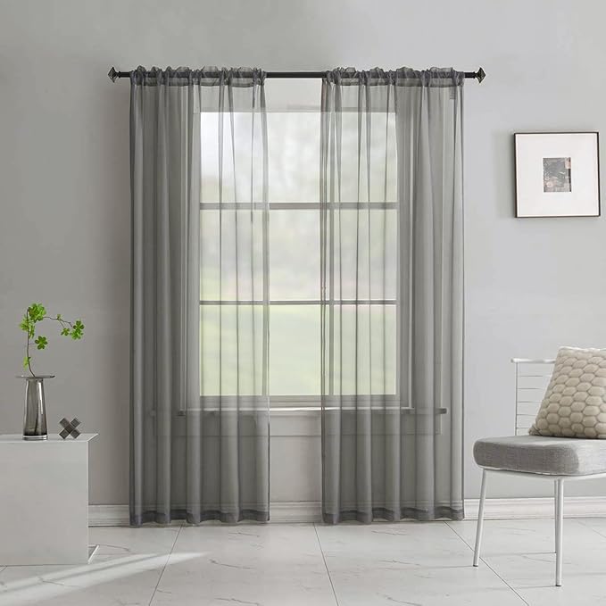 Gray Sheer Curtains 95 Inches long 2 Pack Translucent Solid Color Window Treatment Rod Pocket Grey Sheer Curtains for Bedroom Living Room 52x95