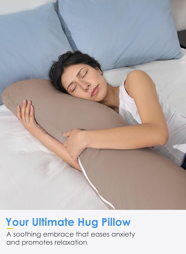 QUEEN ROSE Cooling Body Pillow, Full Body Support Pillow for Side Sleepers, Soft S Shaped Hug Pillow for Adults, with Removable Pillowcase, Beige