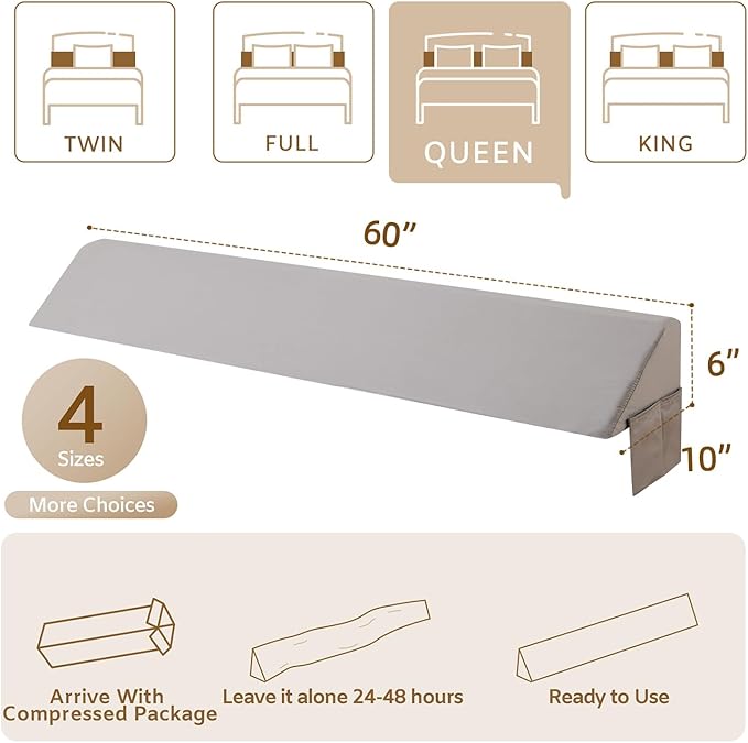 Queen Bed Wedge Pillow for Headboard, Foam Headboard Pillow, Bed Gap Filler, Mattress Wedge, Mattress Gap Filler Queen - Fill The Gap (0-7") Between Headboard and Mattress (Gray, 60"x10"x6")