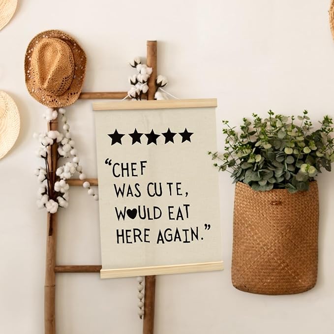 BIWSHA Cute Kitchen Canvas Poster Framed Hanger 12x16 Inch,Funny Five Star Rating Poster，Black Kitchen Quotes Decor Chef Was Cute Print, Chef Signs Decoration Trendy Cooking Art