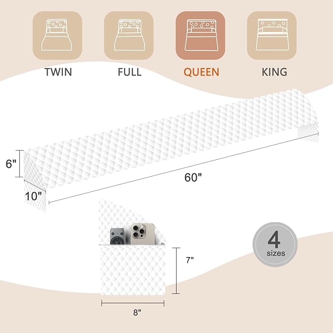 Wedge Pillow Headboard, Pillow Wedge for Headboard Gap with 2 Side Large Pocket, Bed Gap Filler (0-8"), Headboard Wedge Pillow Queen Size(White, 60"x10"x6")