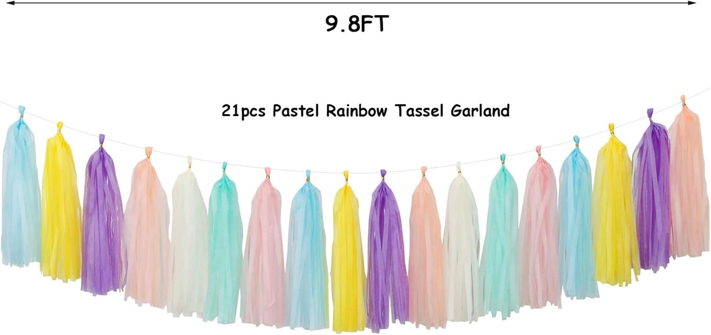 Pastel Rainbow Party-Decorations Tassel Garland - 21pcs Baby Shower Birthday Wedding Streamers,Peach Yellow Purple Blue Mint Ivory Tassels Banner Backdrop Decor Panduola