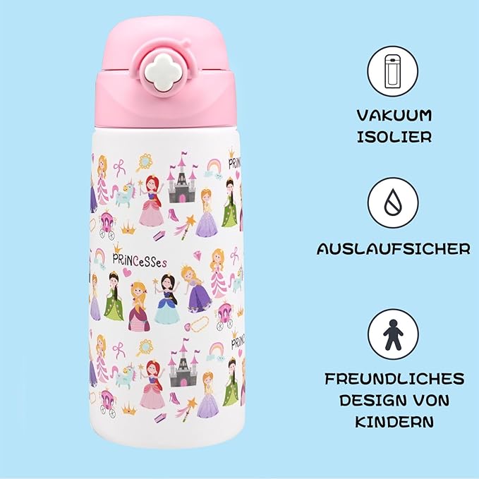 Kids Insulated Water Bottle with Covered Pop-Up Straw,16oz Kids Cups with Stainless Steel Leak Proof for School Boys Girls（2-Princess）