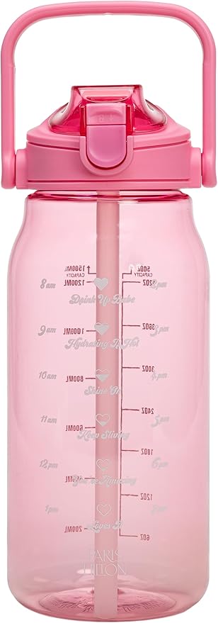 Paris Hilton Motivational Water Bottle with Straw and Leak-proof Flip-Top Lid, Motivational Time Markers, Carry Handle for Travel, Made without BPA, 50-Ounce, Pink
