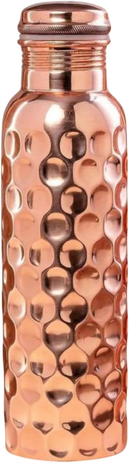 Pure Copper Metal Water Bottle - 32 oz - Indian Handmade Ayurveda Healing Drinking Water Bottle for Travel, Hiking, Gym, Office, Outdoor - Glossy Honeycomb