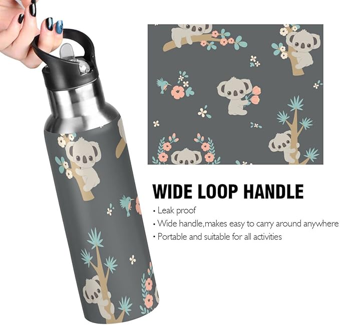 senya 20 Oz Water Bottle with Straw Koala and Flowers Stainless Steel Water Bottle for Traveling Sports Leakproof Insulated Water Bottle